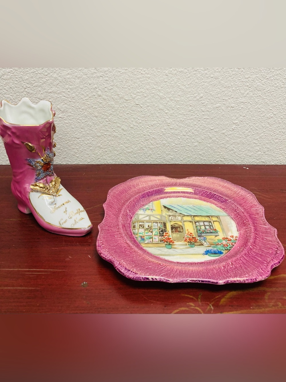 Vintage Set - Pink Decorative Plate and Boot Vase